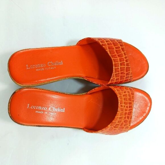 Lorenzo Chelini Orange Crocodile Print Cork Wedge Sandals. Womans 8............. - Picture 12 of 13